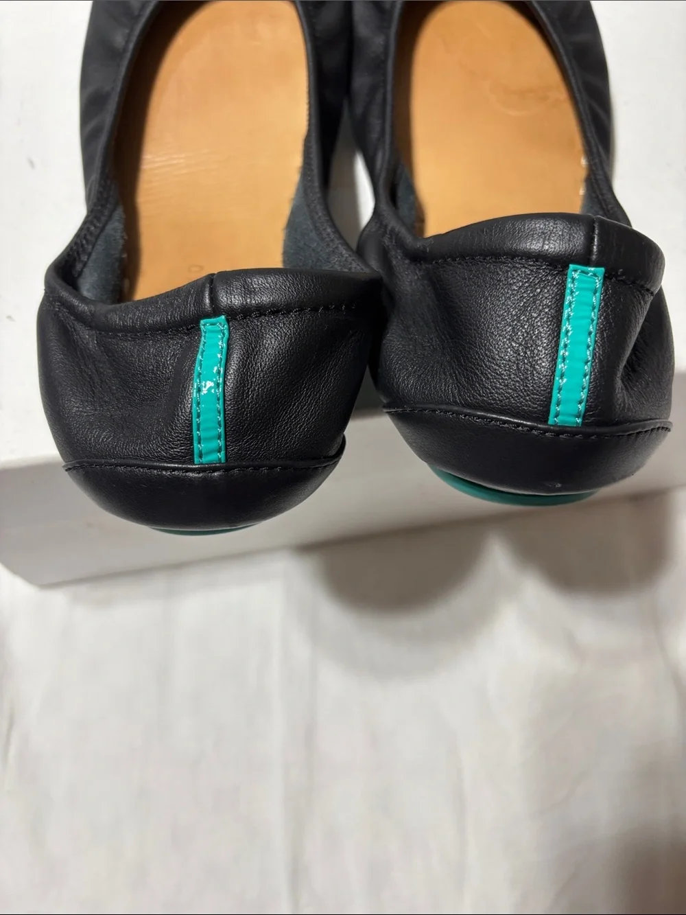 Tieks Black Leather Ballet Flats with Teal Heel Tab - Picture 4 of 7